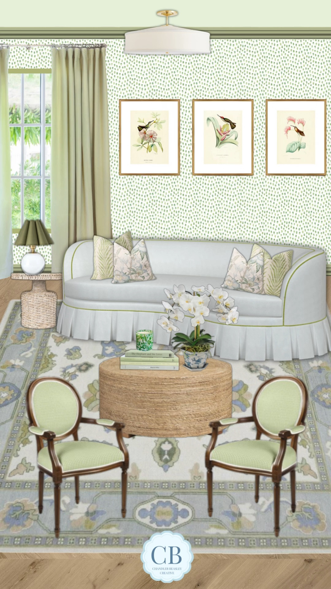 Obsessed with this skirted sofa from @coleyhome the piping detail is so good!! Also love an Oushak especially with pops of blues and greens! This sitting room is just perfect for formal hosting! 

#LTKStyleTip #LTKHome #LTKSaleAlert