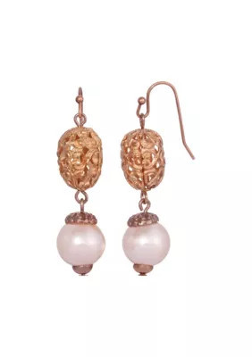 1928 Jewelry Rose Gold-Tone Faux Pearl Filigree Drop Earrings | Belk