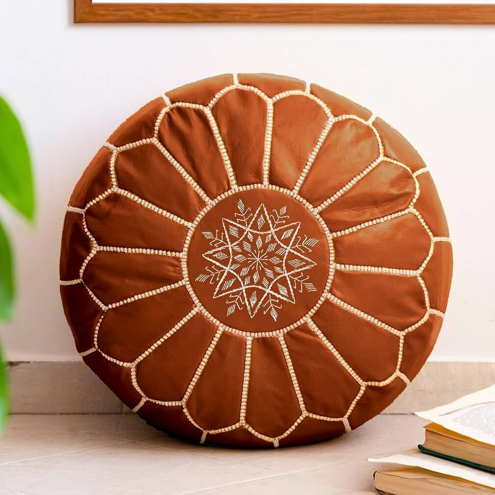 Moroccan Leather Pouf Ottoman for Living Room - Round Leather Ottoman Pouf Cover - Unstuffed Pouf... | Amazon (US)