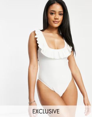 Fashion Union Exclusive high leg swimsuit with square neck and ruffle detail in texture white | ASOS (Global)