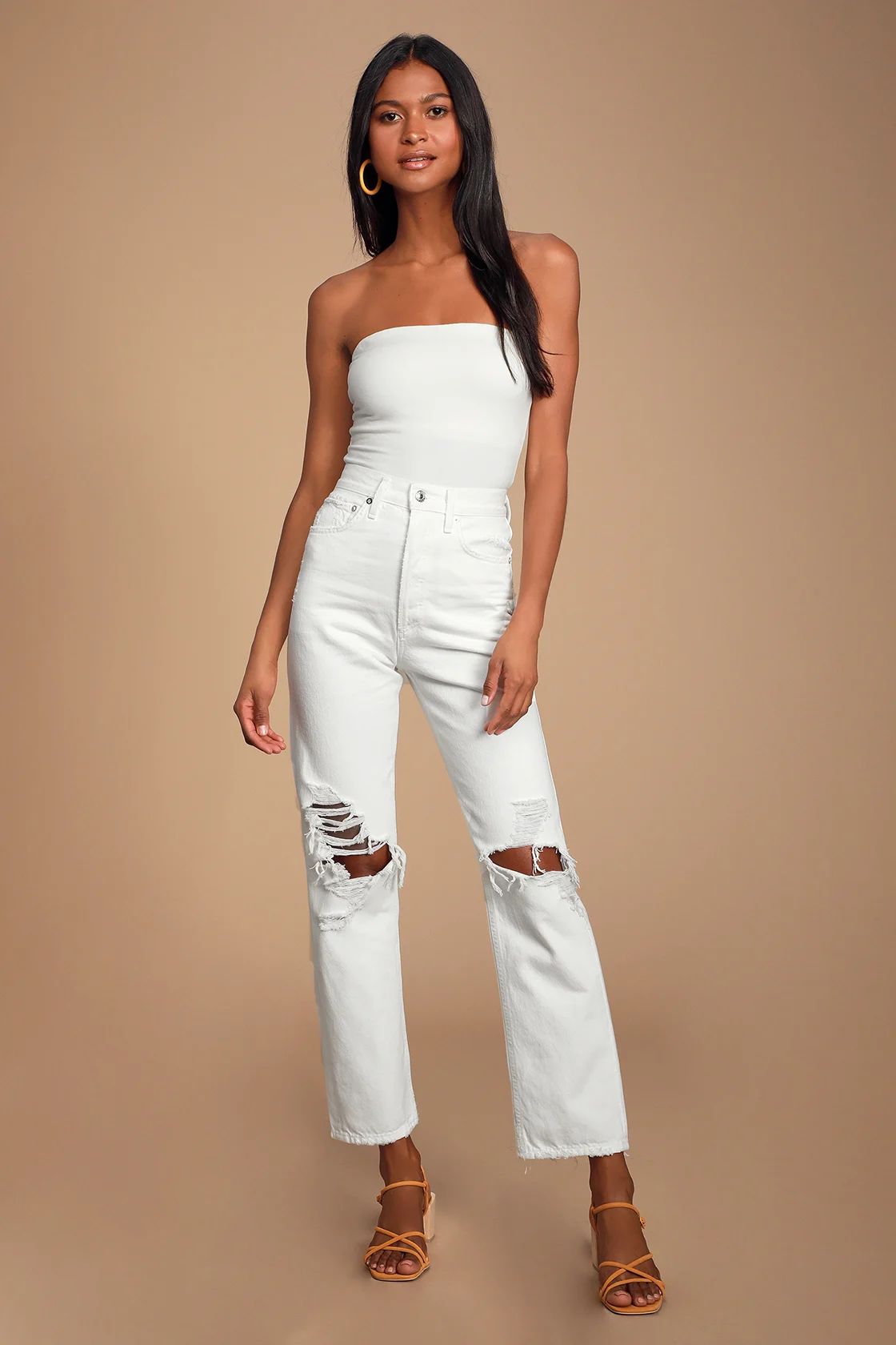 90's Mid Rise White Loose Fit Distressed Jeans | Lulus (US)