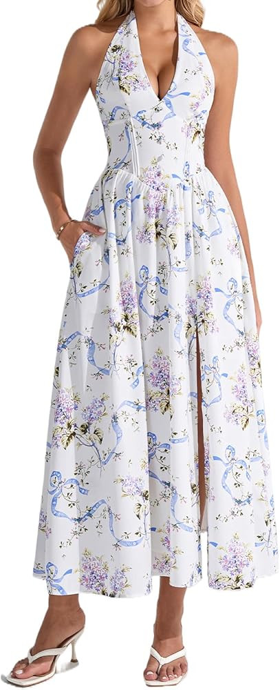 XinFSh Women's Summer Floral Halter Corset Midi Dress Flowy A Line V Neck Long Flowy Wedding Gues... | Amazon (US)