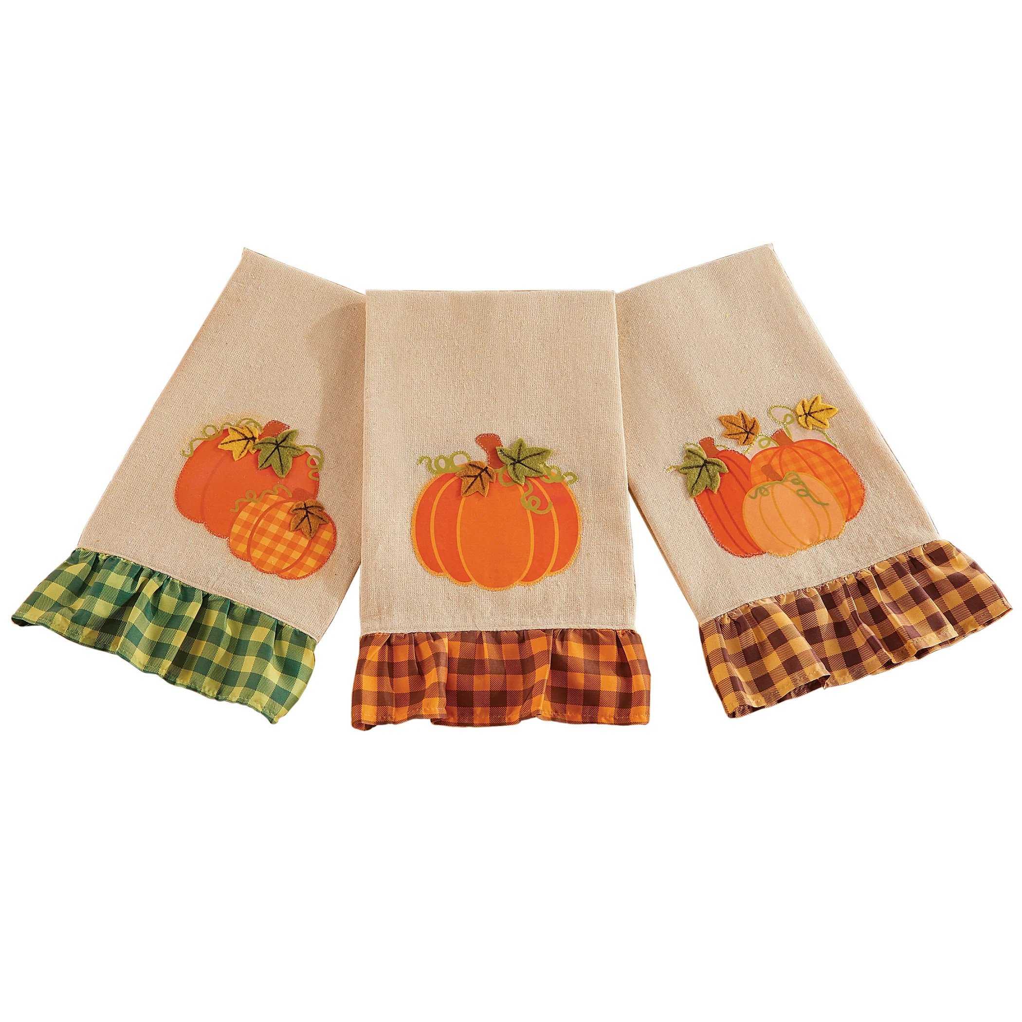Seasonal Fall Pumpkins Hand Towels with Plaid Ruffles - Set of 3 | Home Linens, Kitchen Towels | Walmart (US)