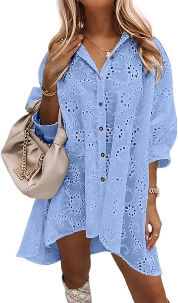 Womens Short Sleeve Tops Burn-Out Embroidery Single-Breasted Loose Casual Blouse | Amazon (US)
