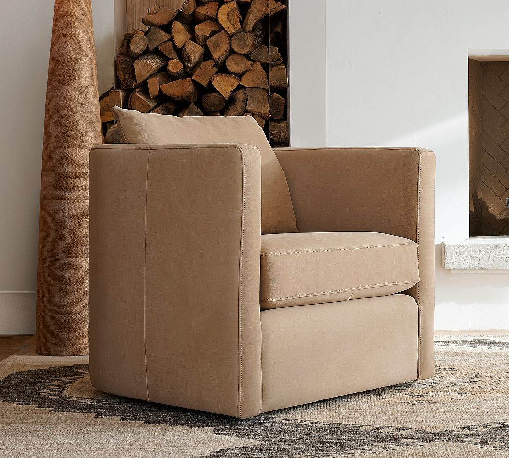 Ayden Barrel Arm Leather Swivel Chair | Pottery Barn (US)