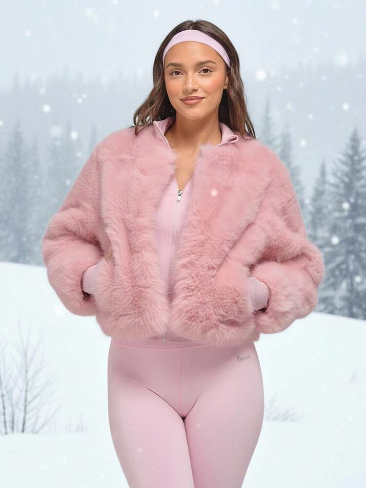 Fluxe Women's Chic Pink Faux Fur Jacket, Ultra-Soft Texture, Cropped Length, Elegant Full Sleeve, Warm And Fashionable Outerwear For Women,Suitable For Winter | SHEIN