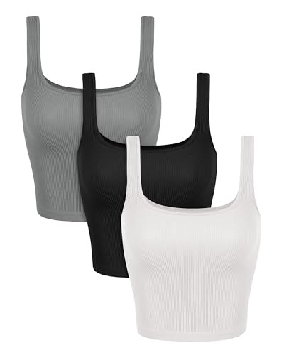 ODODOS 3-Pack Seamless Square Neck Tank for Women Ribbed Knit Soft Low Back Sleeveless Tops, Waist Length, White+Black+Gray, Medium/Large | Amazon (US)