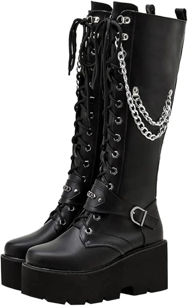 Parisuit Women's Knee High Goth Platform Buckle Boots Chunky High Heel Lace Up Punk Combat Boots ... | Amazon (US)