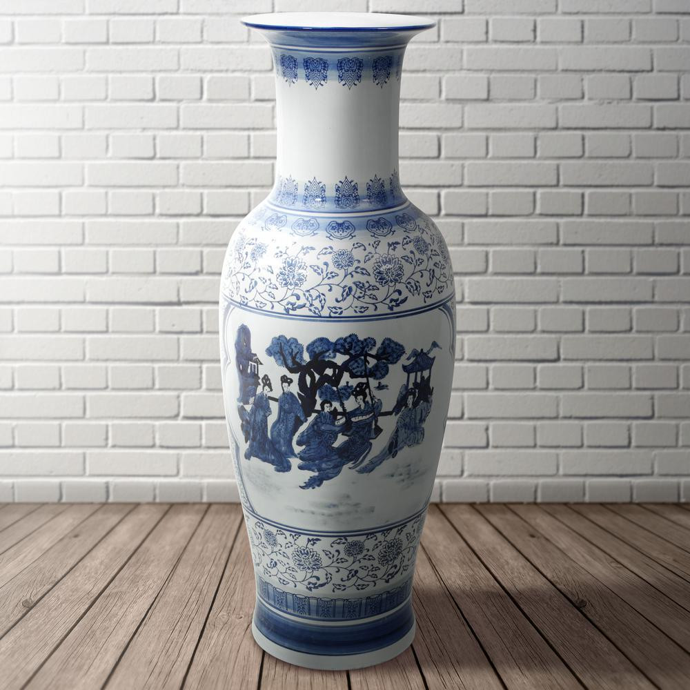 Oriental Furniture 36 in. Ladies Blue and White Porcelain Tung Chi Vase | The Home Depot
