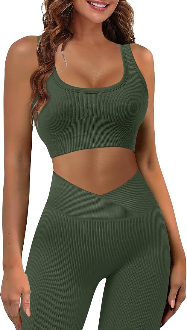 JZC Workout Outfits for Women 2 Piece Ribbed Seamless Yoga Leggings Exercise Sets | Amazon (US)