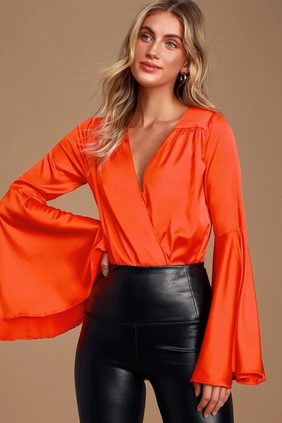 Selby Bright Red Satin Bell Sleeve Surplice Bodysuit | Lulus (US)