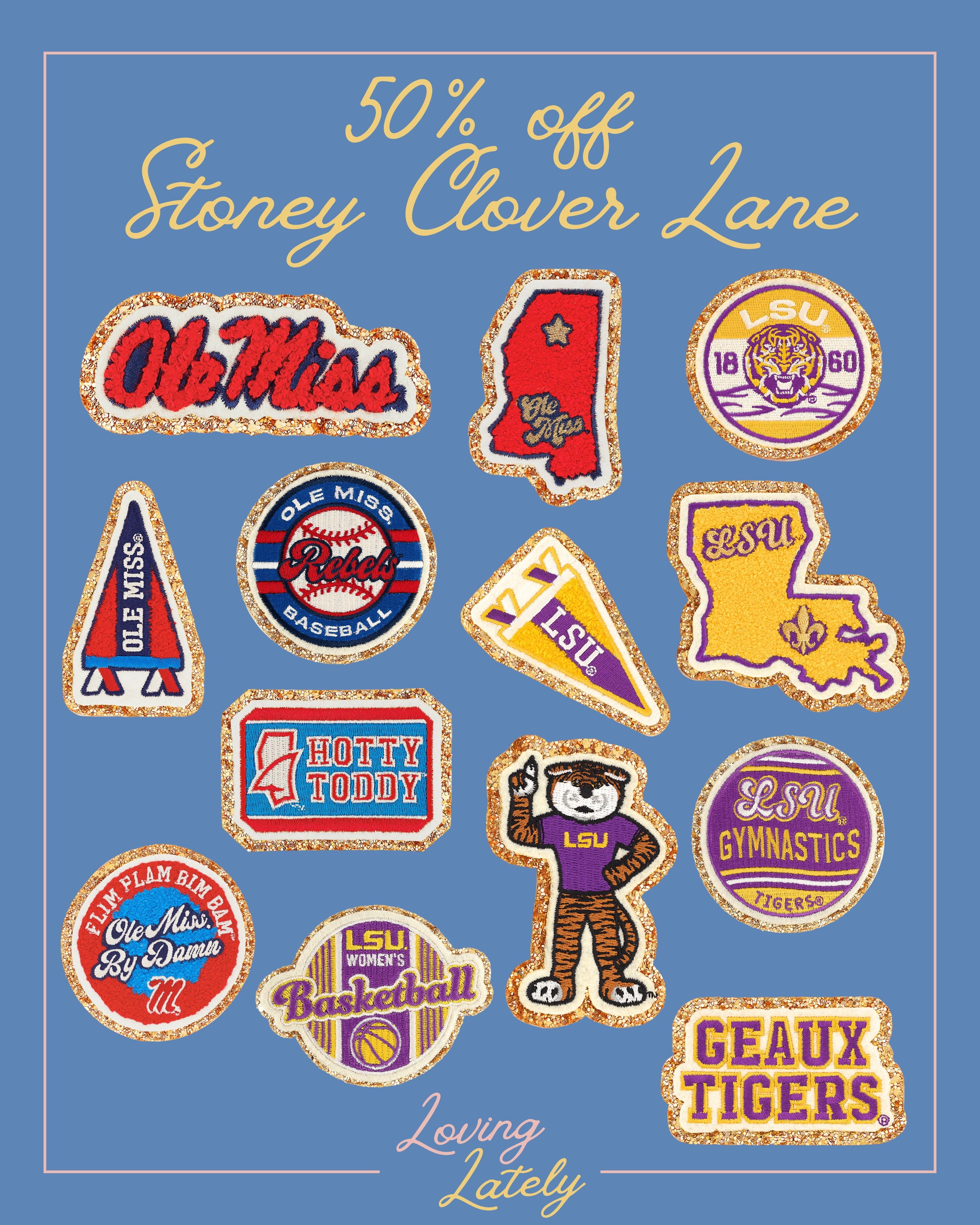 50% off Stoney Clover Lane collegiate patches! Perfect for game day looks and football season!

Ole Miss | Rebels | Hotty Toddy | Landshark | LSU | Geaux Tigers | Louisiana State University | Basketball | Gymnastics  

 #LTKSaleAlert #LTKFindsUnder50