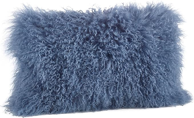 SARO LIFESTYLE 100% Wool Mongolian Lamb Fur Throw Pillow with Poly Filling, 12" x 20", Blue-Grey | Amazon (US)
