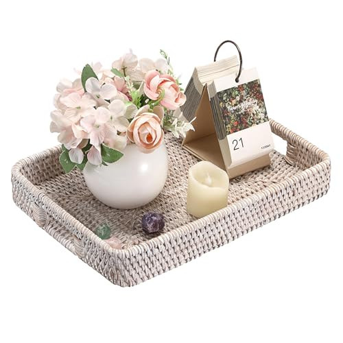 IGNPION Rattan Serving Tray Rectangle Decorative Display Tray Guest Towel Holder with Handle Desktop Organiser Basket for Tableware,Makeup,Vanity, Candle, Ornament,Perfume (White,L) | Amazon (UK)