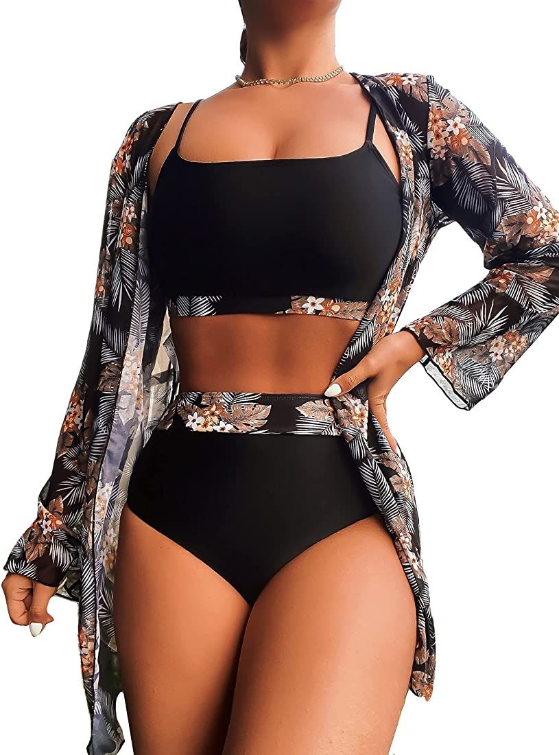 MakeMeChic Women's 3 Piece Swimsuit High Waisted Bikini with Kimono Cover Up Set | Amazon (US)