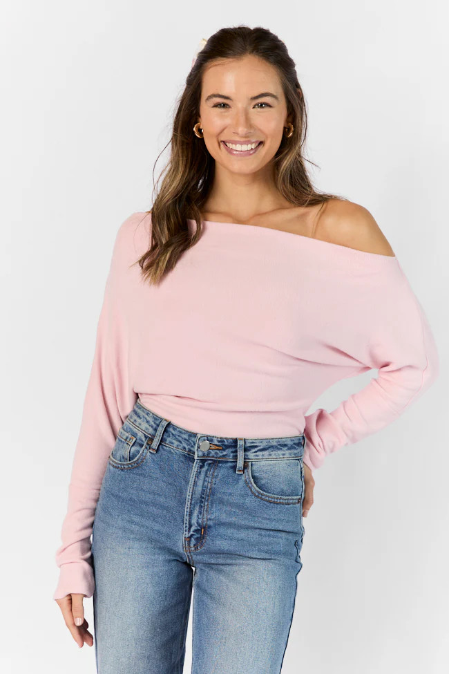 Giving It A Go Light Pink Rib Off The Shoulder Top | Pink Lily