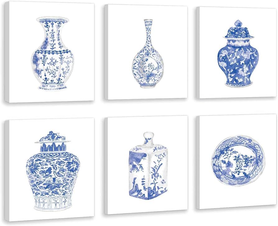 XUOIAYNB Chinoiserie Wall Art Print- Bedroom or Study Decor - Chinese Blue White Porcelain Vase C... | Amazon (US)