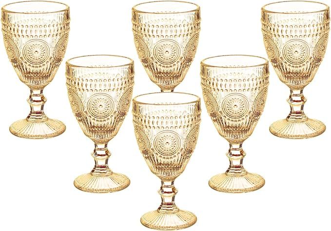 Amazon.com | Vintage Wine Glasses Set of 6, 10 Ounce Colored Glass Water Goblets, Unique Embossed... | Amazon (US)