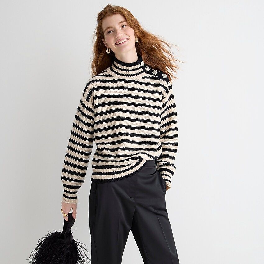 Cable-knit mockneck pullover in stripe with jewel buttons | J.Crew US