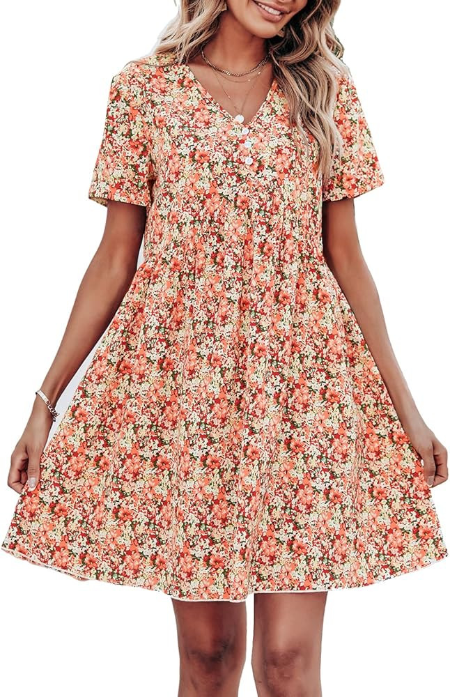 PRETTYGARDEN Summer Dress for Women 2023 Short Sleeve V Neck Ruffle Floral Swing A-Line Short Dre... | Amazon (US)