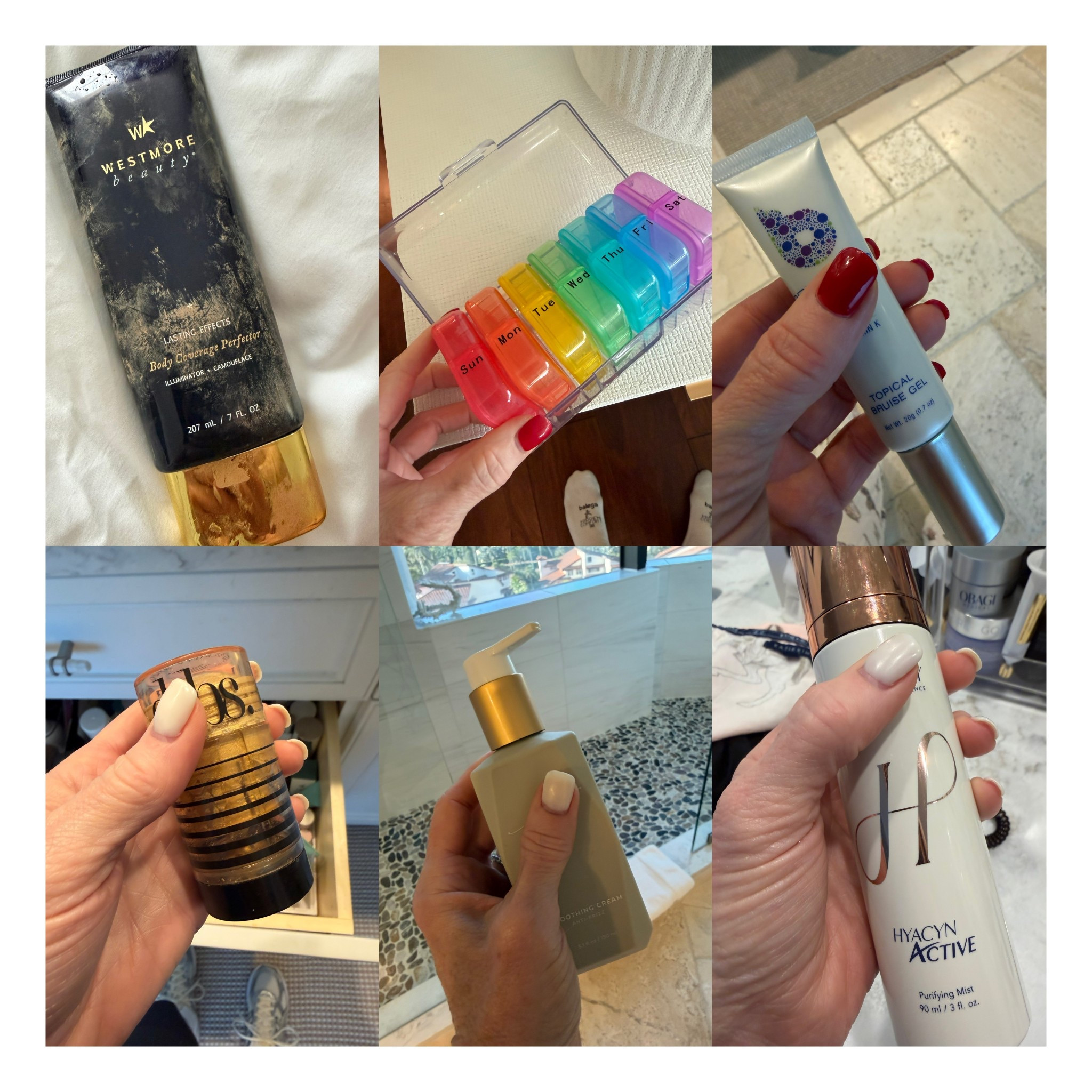 A few of my non negotiables include this makeup for lefs, a tracel oull case that can hold all my supplements, a gel that helps fase bruises, my gkow cream i use on my shoulders, hair cream for my frizzies, and this mist that is so good, use it in my face and hands! 

#LTKselfcare #LTKTravel #LTKOver40