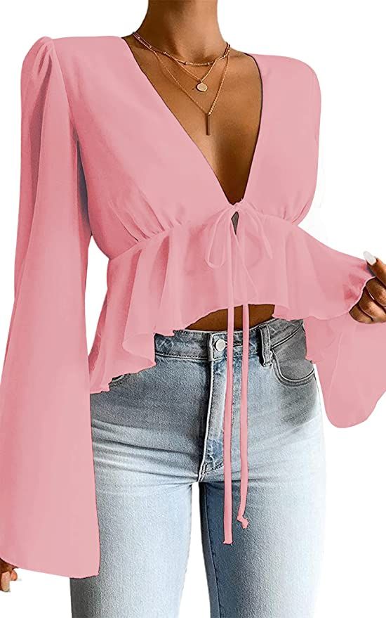 Hilinker Women's Deep V Neck Long Sleeve Crop Top Chiffon Ruffle Hem Blouse Shirt | Amazon (US)