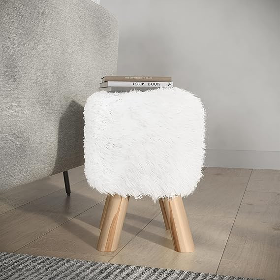 Lavish Home Ottoman-Round Footrest, Vanity Chair, or Accent Stool with Faux Fur Fabric and Wood L... | Amazon (US)