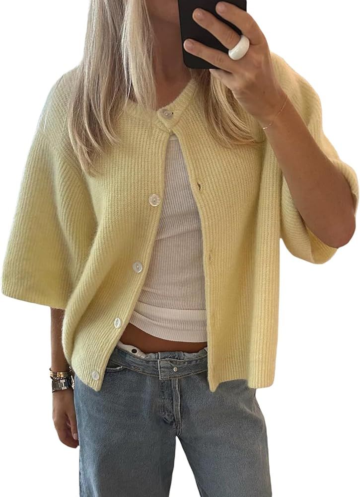 Women Knitted Crop Cardigan Shirt Short Sleeve Button Down Ribbed Knit Crop Top Y2k Girls Outwear... | Amazon (US)