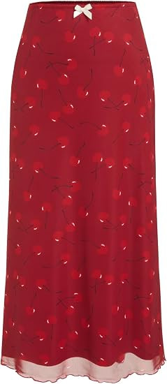 CIDER Womens Mesh Skirts Midi High Waisted Cherry Print Lace Trim Bow Knot Decor Long Skirts Red,... | Amazon (US)