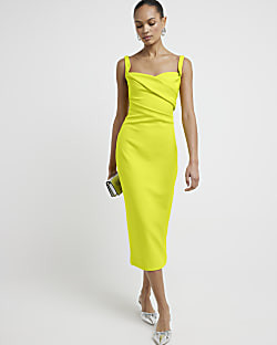 Green ruched open back bodycon midi dress | River Island (UK & IE)
