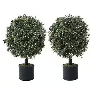 CAPHAUS 2 ft. Artificial Boxwood Topiary Ball Tree with White Flowers Artificial UV Resistant Bus... | The Home Depot