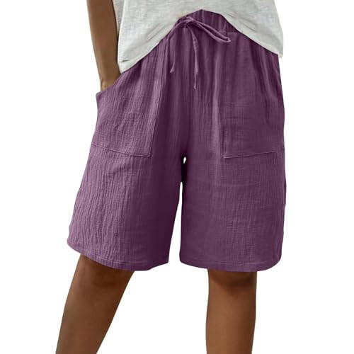 yxlaml Bermuda Shorts for Women Knee Length Linen Cotton Womens Bermuda Shorts with Pockets Plus Size Loose Fit Elastic Drawstring Waist Casual Summer Beach Shorts | Amazon (US)