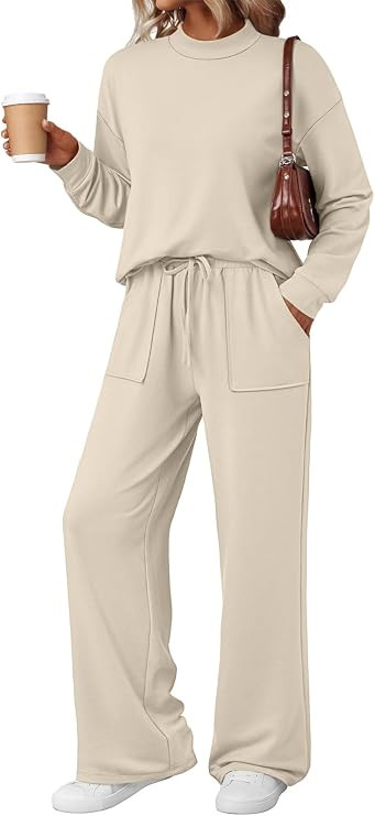 LILLUSORY Lounge Sets Mock Neck Top Wide Leg Drawstring Pants with Pockets | Amazon (US)