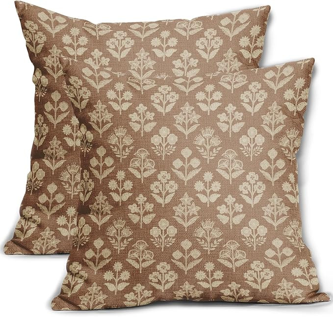 Brown Floral Block Print Pillow Covers 18x18 Inch Set of 2, Vintage Flower Pattern Decorative Thr... | Amazon (US)