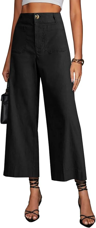 miduo Womens High Waisted Cropped Wide Leg Stretchy Straight Pants Trousers with Pockets | Amazon (US)