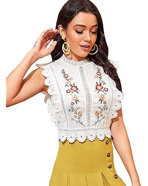 Floerns Women's Mock Neck Guipure Lace Trim Embroidery Blouse Tops | Amazon (US)