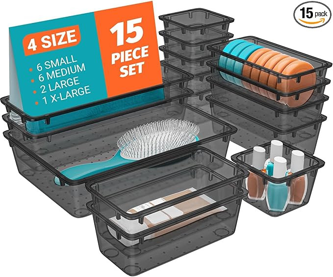 15 PCS Clear Plastic Drawer Organizer Set, 4-Size Acrylic Drawer Storage Trays, Storage Bins for ... | Amazon (US)