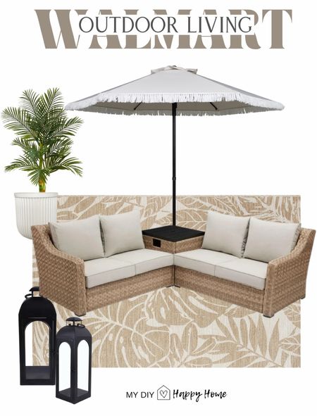 Outdoor living:

BHG River oaks 3 piece sectional set includes corner table, left arm facing sofa and right arm facing sofa.

Outdoor umbrella with fringe detail on edges ,

outdoor fluted planter  with 5 ft palm tree 

Outdoor lanterns come in three sizes 

#LTKSeasonal #LTKStyleTip #LTKHome