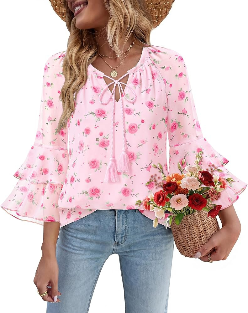 Bebonnie Womens Ruffle Sleeve Casual V Neck Layers Boho Tops Tassel Tie Front Floral Chiffon Blou... | Amazon (US)