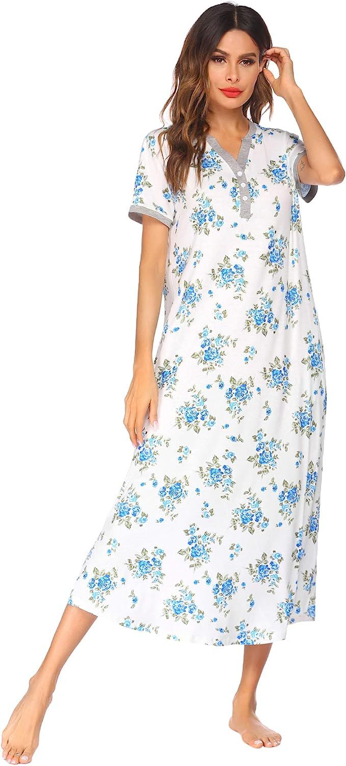 Ekouaer Women’s Striped Nightgown,Long Loungewear Nightshirt Sleepwear with Pocket | Amazon (US)