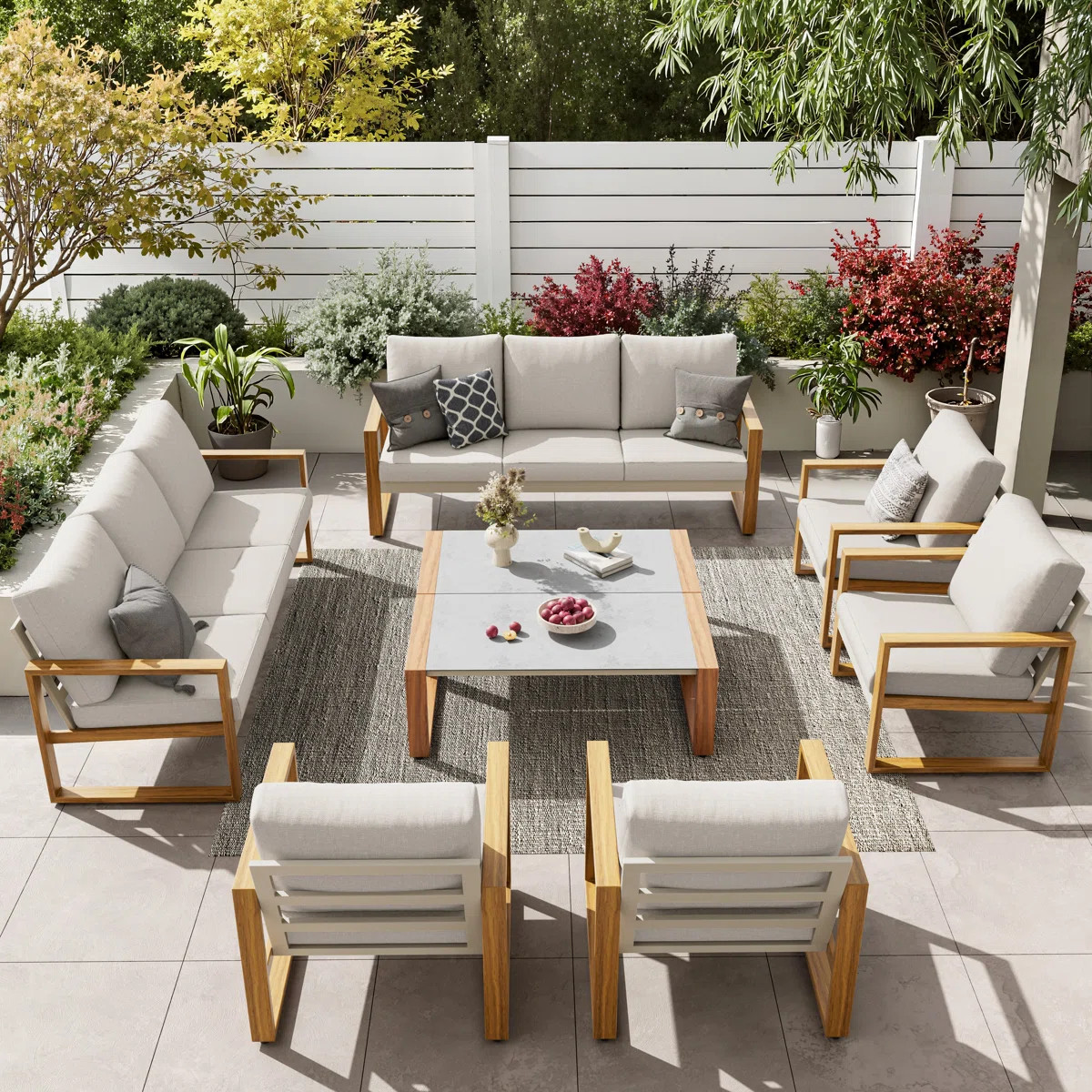 Arunas 10-person Outdoor Conversation Set Wood Pattern With Light Beige Cushions | Wayfair North America