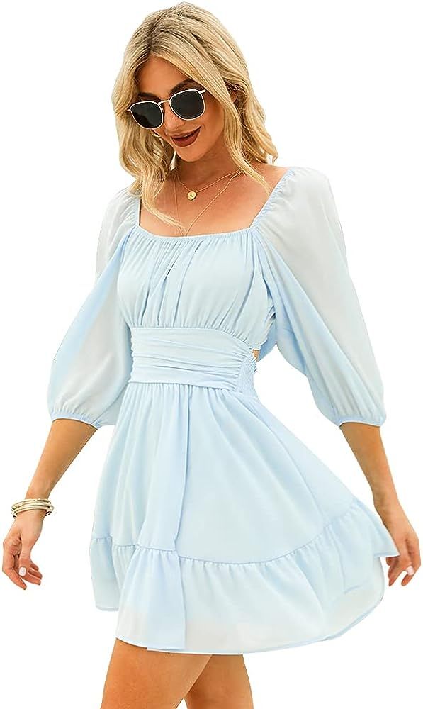 Exlura Womens Lantern Sleeve Tie Back Dress Ruffled Off Shoulder A-Line Vintage Mini Dress | Amazon (US)