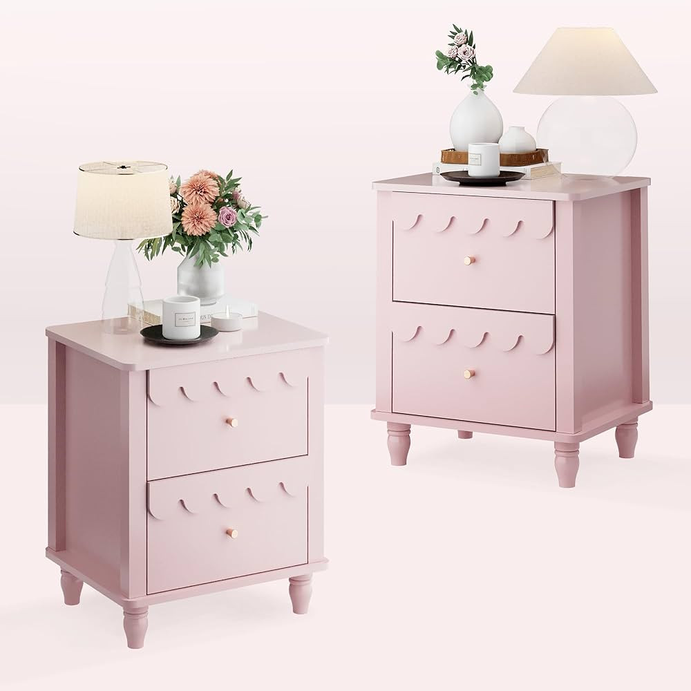 Pink Nightstand Set of 2 with 2 Drawers, Modern Night Stand Set 2 with Petal Pattern for Bedroom, Side End Table Scalloped Bedside Night Tables with Solid Wood Legs | Amazon (US)