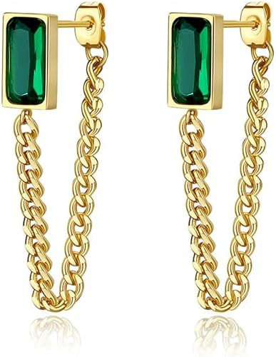 18K Gold Plated Emerald Chain Earrings for Women Cubic Zirconia Chain Studs Earrings Hypoallergen... | Amazon (US)