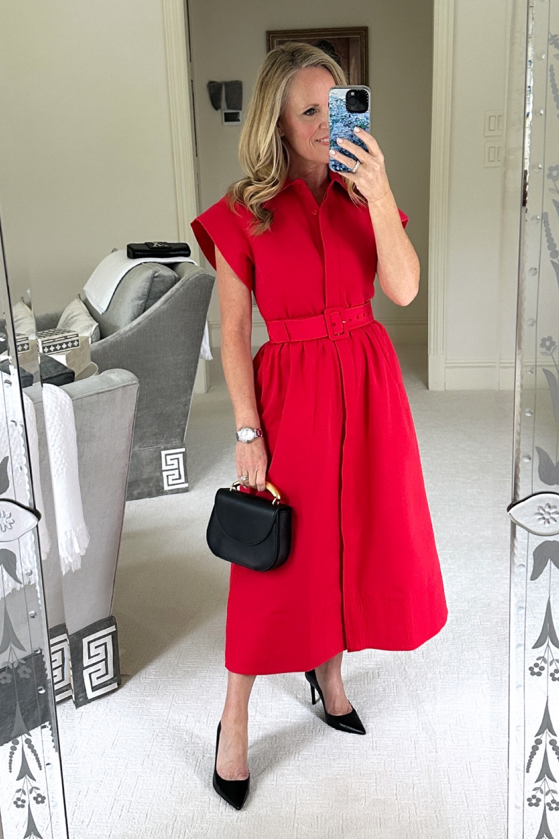 This gorgeous, cherry, red dress it perfect for the holidays and beyond. It is the Chloe style that is a Tuckernuck staple style. It is the same style that was so popular this fall in the dark floral with turquoise roses.
Fits true to size, I am wearing an extra small and 5’2” tall for length reference 

The bag is a favorite and great gift idea. Also has a crossbody strap available so it’s perfect for travel. 

Stuart Weitzman power 100 classic black  heels 
fit tts

#LTKStyleTip #LTKOver40 #LTKHoliday