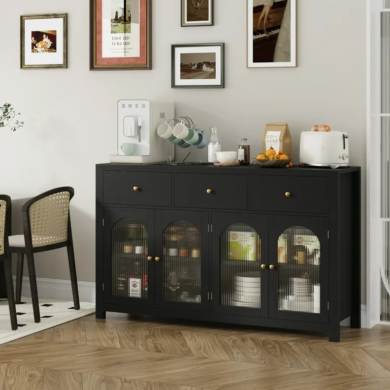 Homfa 55'' Large Sideboard Buffet Cabinet, Kitchen Storage Cabinet with 3 Drawers and 4 Glass Doo... | Walmart (US)