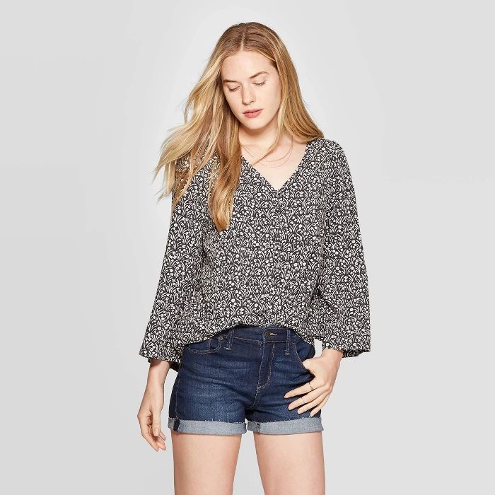 Women's Floral Print Long Sleeve V-Neck Peasant Top - Universal Thread™ Gray | Target