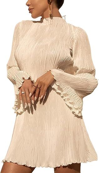 Annystore Women's Bell Long Sleeve Pleated Mini Dress Casual Mock Neck Ruffle A-line Short Dresse... | Amazon (US)