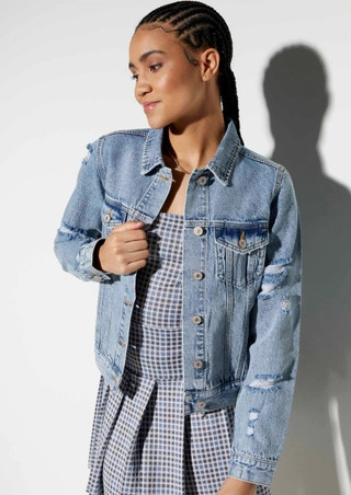 Medium Wash Ripped Denim Trucker Jacket | rue21