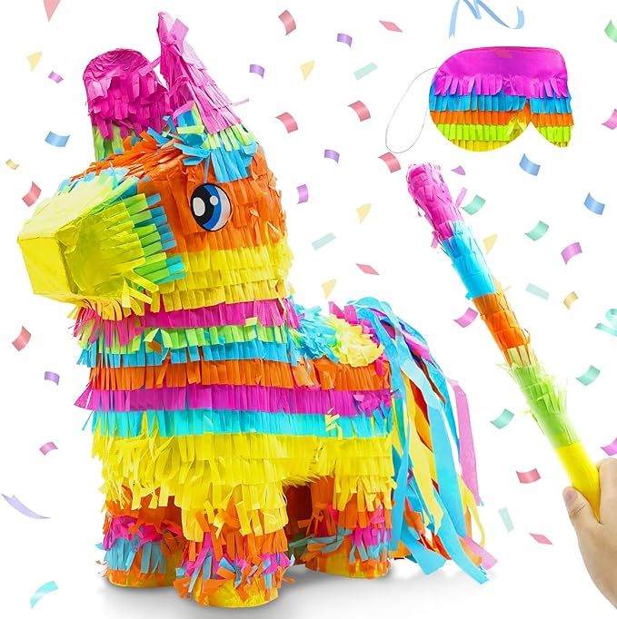 Cinco De Mayo Donkey Pinata with Stick and Blindfold, Rainbow Color Donkey Pinata for Kids Birthd... | Amazon (US)